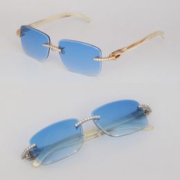 New Model Glasses Handmade Setting Luxury Moissanite Diamond Set Rimles Sunglasses For Men Women Original White Genuine Natural Horn Rimles Diamond cut Sun Glasses