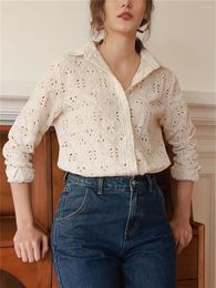 Women's Blouses Women Embroidery Hollow Out Classic Shirt Straight Long Sleeve 2023 Spring Lady Single Breasted Blouse Turn-down Collar