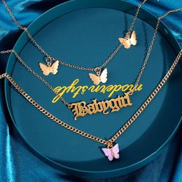 Pendant Necklaces Fashion Jewellery Boho Pink Butterfly Simple Choker Necklace Gold Colour Link Chain Babygirl Letter Gift For Girl