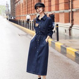 Casual Dresses Classic Blue Women Denim Dress Embroidery High Waist Drawstring Long Jean 2023 Spring Elegant Female Shirt