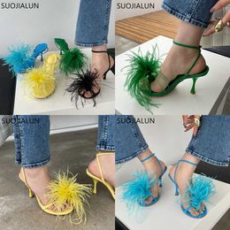 Sandals Summer Brand Design Women Sandals Ladies Sexy Open Toe Furry Fur Round High-heeled Party Dress Pumps Shoes 230316