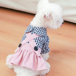 Dog Apparel Pink Corduroy Dresses Pet Clothes With Plaid Shirt Autumn Fall Lovely Puppy Skirt Suspender Skirt Shih Tzu Chihuahua Cat Apparel 230504