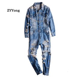 Men's Jeans High Street Men Denim Jumpsuit Hip Hop Streetwear Hole Ripped Jeans Overalls Tattered Cargo Pants Fashion Freight Trousers 230503