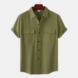 Men's Casual Shirts Army Green Cotton Linen Shirt For Men Summer Brand Double Pocket Short Sleeve Casual Shirts Mens Breathable Beach Chemise 230504