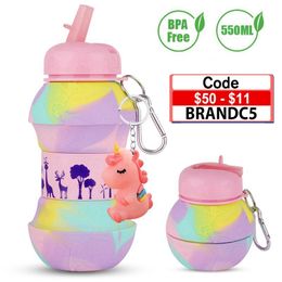 Tumblers 550ml Creative Silicone Water Bottle for Children Girls Boys BPA Free Portable Folding Water Bottles With Cute Pendant Kids Gift 230503