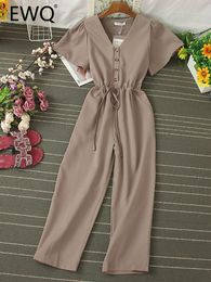 Women's Jumpsuits Rompers EWQ Sweet Style Women Jumpsuits Drawstring Shirring Lace-up V-neck Solid Colour Button Jumpsuit Spring Summer SN0525 230504