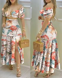 Two Piece Dress Fashion Print Shirr Slit High Waist Women Maxi Skirt Sets 230504