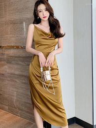 Casual Dresses Summer Women Elegant Retro Sexy Robe Gold Satin Camisole Slip Backless Folds Draped Slit Midi Dress Party Office Vestido