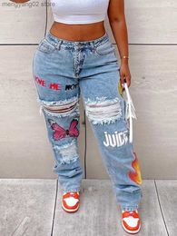 Women's Jeans LW Plus Size Butterfly Letter Print Ripped Women Large Denim Fashion Straight Pants Streetwears Trousers(2 Colors) T230504