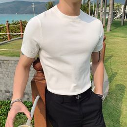 Men's T-Shirts British Style Summer Ice Silk Short Sleeve Knitted T Shirts Men Simple Pure Colour O-Neck Casual Slim Tee Shirt Top Homme M-3XL 230504