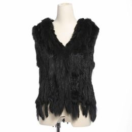 Women's Fur & Faux ZY88008 Real Knitting Women Winter With Tassels Raccoon Trimming Collar Hooded Vest Waistcoat Gilet