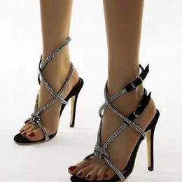 Dress Shoes 2023 Women's Sandals Rhinestone Stiletto Heels Belt Buckle Sexy Plus Size Women