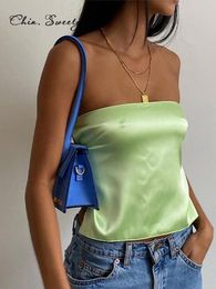 Camisoles Tanks Satin Backless Sexy Tube Top Women Green Y2K Summer Camis Bandage Sleeveless Strapless Tank Tops Off Shoulder Club 230503