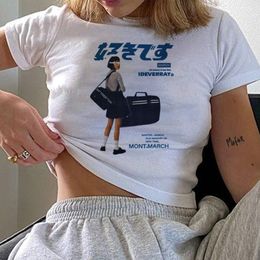 Женская футболка Симпатичная мультипликационная печать футболка Y2K Punk Summer Casual Propy Style Slim Top Top Vintage Women Streetwear Сексуальная гранж -волшебство 230503