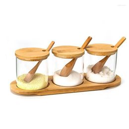Storage Bottles High Quality Glass Seasoning Box Set Rack Spice Pots Bowls With Spoon Bamboo Cover Container Condiment Jars