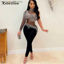 Women's Jumpsuits Rompers Kricesseen Sexy Black Crystal Diamond Skinny Long Pant Jumpsuit Women One Sleeve See Through Romper Clubwear Fitness Outfits T230504