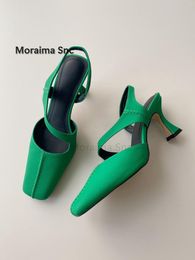 Sandals Green Leather Cover Toe Women Back Strap Retro Square Head High Heels Female Slingbacks Summer Ladies Party Shoes