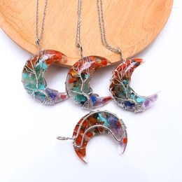 Pendant Necklaces 7 Chakras Tree Of Life Necklace Wire Wrap Crescent Moons Crystal Pendants Chip Quartz Natural Stone Resin Stainless Steel