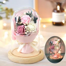 Decorative Flowers Eternal Life Flower Dried Rose Bouquet Glass Cover Home Display Send Girlfriend Birthday Gift