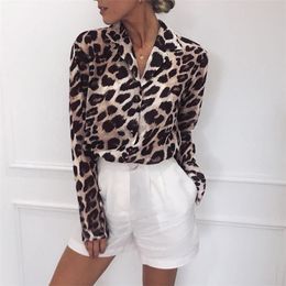 Women's Blouses Shirts Sexy Leopard Print V neck Chiffon Long Sleeve Lady Office Shirt Casual Loose Blusas kz650 230503