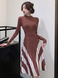 Casual Dresses Vintage Elegant Half High Collar Female Thicken Knit Long Dress Slim Full Sleeve Ruffles Women Sweater Vestidos Autumn 2