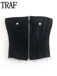 Camisoles Tanks TRAF Black Denim Corset Top Women Off Shoulder Crop Woman Party Backless Sexy Tube Female Streetwear Tank Jeans Bustier 230503
