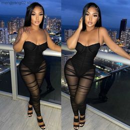 Women's Jumpsuits Rompers Echoine Sexy Sheer Mesh Strapless Skinny Jumpsuit Women Black See Through Party Rompers T230504