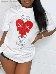 Women's T-Shirt LW Basic Heart Print Patchwork T-shirt Women Simple Short Sleeve O Neck Tee Casual Stretch Top Summer Clothings T230504