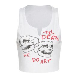 Camisoles Tanks Gothic Aesthetic Punk Grunge Tank Tops Mall Goth Harajuku White Women Cropped Knitted Skull Graphic Print Slim Emo Top 230503