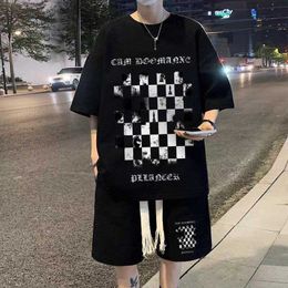 Men's Casual Shirts Waffle Suit Men's Summer Vintage Chessboard Checker Short Sleeve Tshirt Shorts Casual Large Size Kong Style Two Piece Set J230503