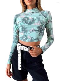 Women's T Shirts Women Print Crop T-shirts Tops Long Sleeve Backless Sexey Tees Top Cropped Skinny Elastic Clothing