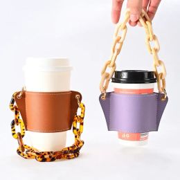 Acrylic Chain Portable Coffee Cup Cover Party Favour Removable Leather Milk Bottle Holder NEW