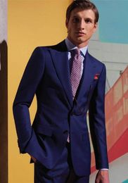 Brand New Blue Groom Tuxedos Peak Lapel Slim Fit Men Wedding Tuxedo Fashion Men Jacket Blazer Men Prom Dinner/Darty Suit Jacket Pants Tie 611