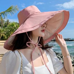 Berets Women Bucket Hat Large Brim 18CM Oversized Floppy Sun Foldable Reversible Wear UV Protection Lady Beach Solid Fishing Cap