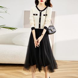 Casual Dresses Elegant White Knitted Black Voile Mesh Long Sleeve Slim Midi Dress Office Lady 2023 Autumn Winter