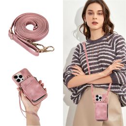 Crossbody Strap Zipper Vogue Phone Case for iPhone 14 13 12 Pro Max Samsung Galaxy S23 Ultra S22 Plus A14 5G A13 A34 A54 Retro Wristband Matte Leather Wallet Chain Shell