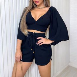 Women's Tracksuits MOOVOOK 2023 Summer Solid Colour And V-neck Backless Bell Sleeve Top High Waist Lace-up Shorts Loose Casual Two-Piece Suit