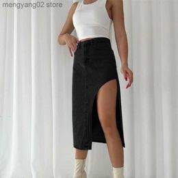 Two Piece Dress 2023 New Fashion High Waist Denim Skirt With Slit Solid Color Button Streetwear Casual Women Summer Midi Black Long s T230504