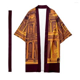 Ethnic Clothing Men's Japanese Long Kimono Cardigan Samurai Costume Architecture Oil Painting Pattern Shirt Yukata Jacket