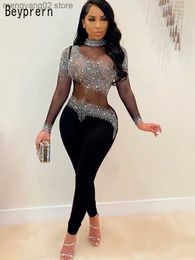 Women's Jumpsuits Rompers Beautiful Sheer Mesh Crystal Jumpsuits Women Rompers Glam Long Sleeve See-Through Rhinestones Romper Night Out Wear T230504