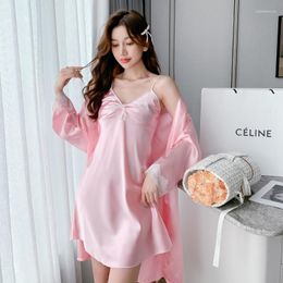 Women's Sleepwear 2023 Autumn 2PCS Silk Satin Sexy Lace Lingerie Nightgowns Robes Sets For Women Korean Bathrobe Nightdress Night Dress