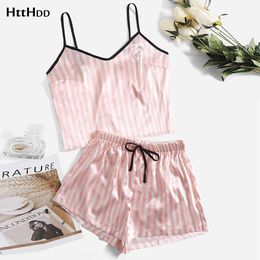 Women's Sleepwear Women's Sexy Summer Pajama Sets Cartoon Pattern Pajamas Strap Sleeveless Satin Set Sleepwear Female Pijamas Nightwear Home Suit 230503