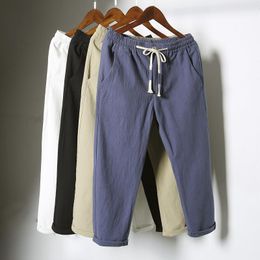 Pants Summer Cotton Linen Pants Men Casual Elastic Waist Vintage Harem Trousers Thin Linen Harem Pants White Black Blue