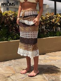 Skirts Aproms Khaki Coffee Handmade Crochet Long Maxi Women Summer Drawstring Waist Hollow Out Bottoms Beach Bikini Coverup 230503