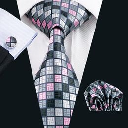 Grid Grey Pink Silk Tie Hanky Cufflinks Mens Set Jacquard Woven Classic 8 5cm Width Wedding Party Business N-04822431