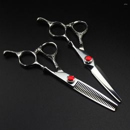 Professional JP 440c Steel 6 '' Scissor Red Gem Hair Scissors Haircut Thinning Barber Makas Cutting Shears Hairdresser