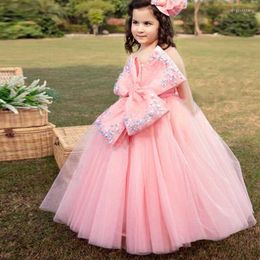 Girl Dresses Delicate Pastrol Flower Dress Wedding Tulle Gown Girls Birthday Party Costumes First Communion Big Bow