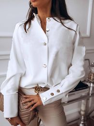 Women's Blouses Women's Button Shirt Elegant Office Work Ladies Solid Color Commuter Style Round Neck Shirts