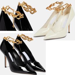 Modern women's sandals, patent leather, gold chain, ankle buckle, pointed toe, Italian made slim high heels, showcasing women's sexy charm in summer EU35-43