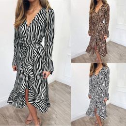 Casual Dresses Long Sleeve V Neck Ruffles Elegant Party Dress Vestidos Women Zebra Print Beach Chiffon